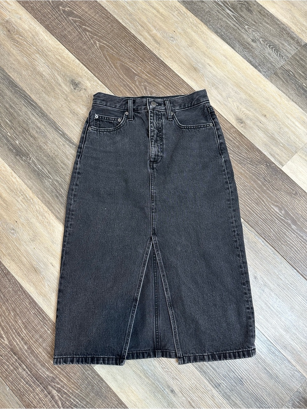 Aritzia Denim Forum Black High-Waist Midi Denim Skirt with Front Vent